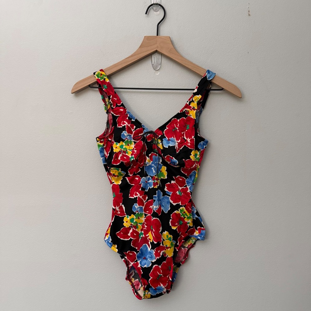 Vintage Slim Allure Women's One Piece Swimsuit Size 8 Floral Bright 1980s